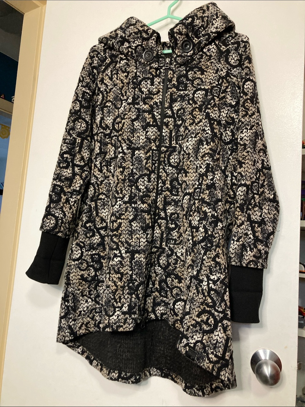 Womens Black and Cream Patterned Hooded Coat